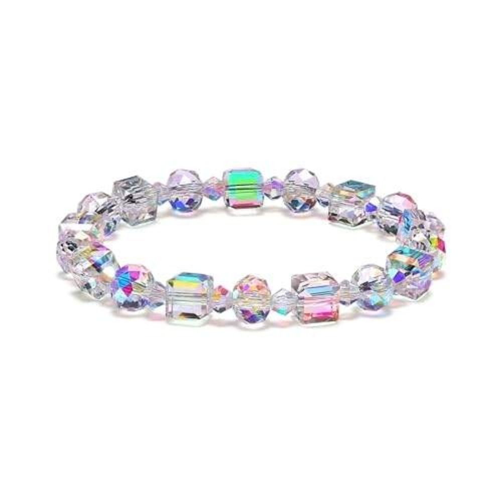 Iridescent Aurora Borealis Crystal Beaded Stretch Bracelet Geometric Cube Glass